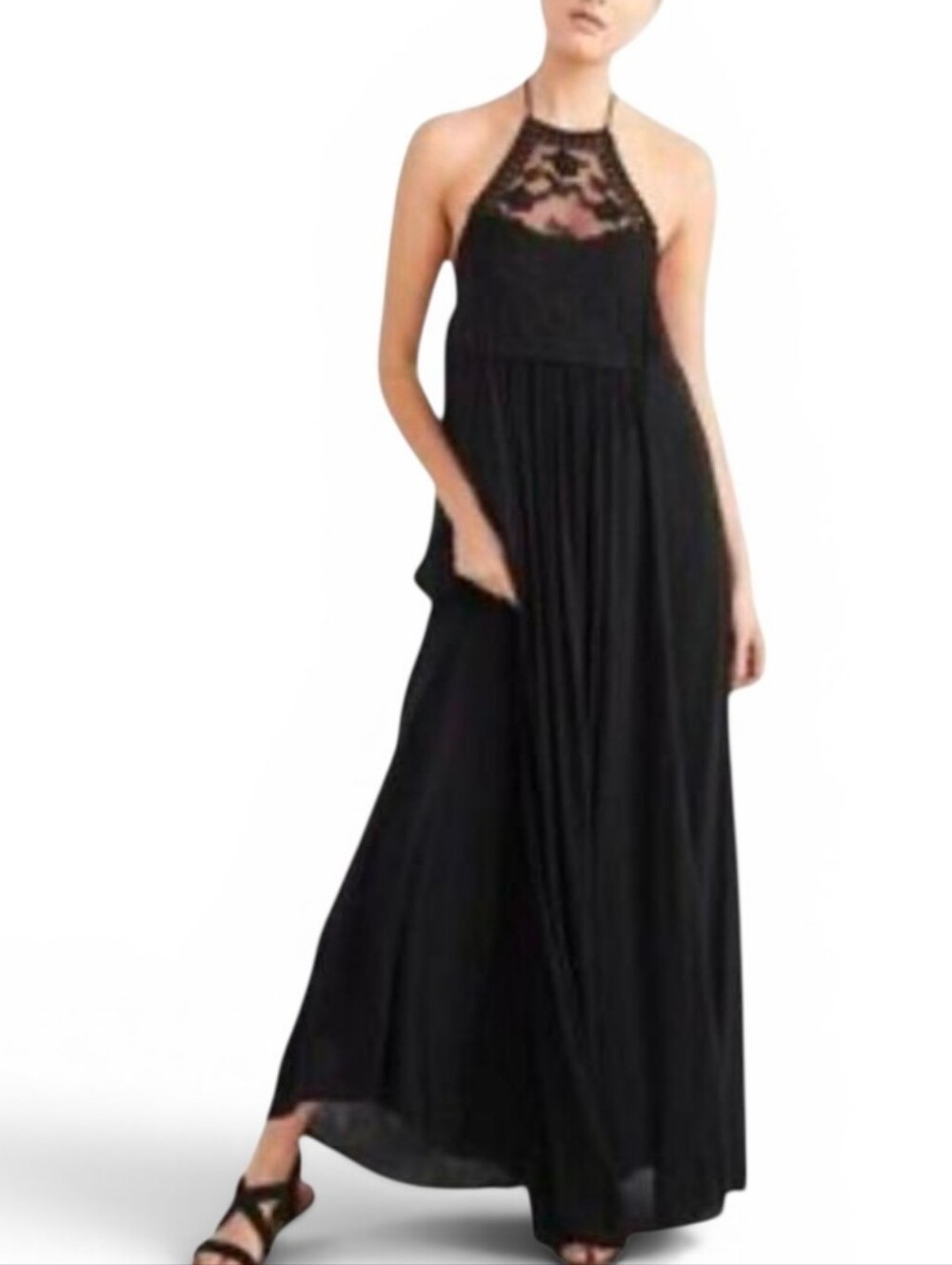 ABERCROMBIE & FITCH Black Lace Front Halter Maxi Dress - XS